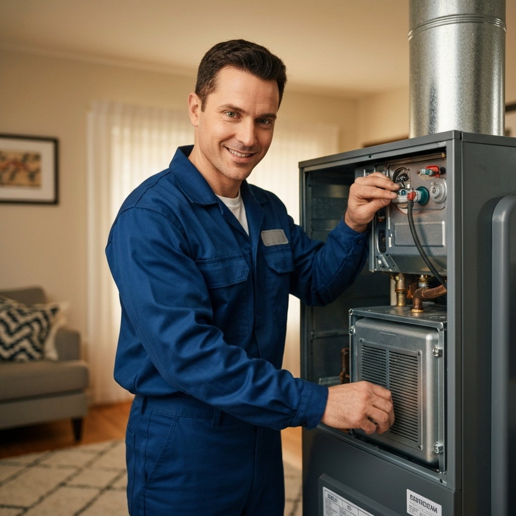 Professional HVAC technician repairing furnace